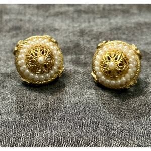 Vintage CORO clip-on earrings goldtone Filigree Dome-shaped seed pearls